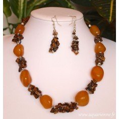 Parure collier + boucles d'oreilles Agate jaune et Œil de Tigre, Collection BonneFortune