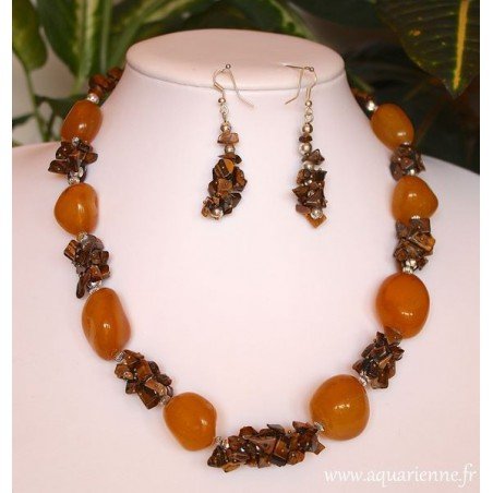 Parure collier + boucles d'oreilles Agate jaune et Œil de Tigre, Collection BonneFortune