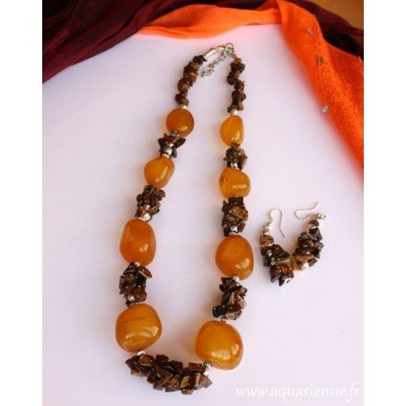Parure collier + boucles d'oreilles Agate jaune et Œil de Tigre, Collection BonneFortune