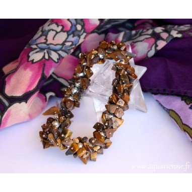 Bracelet en chips d'Oeil de Tigre et perles argentées, créé artisanalement en Inde.