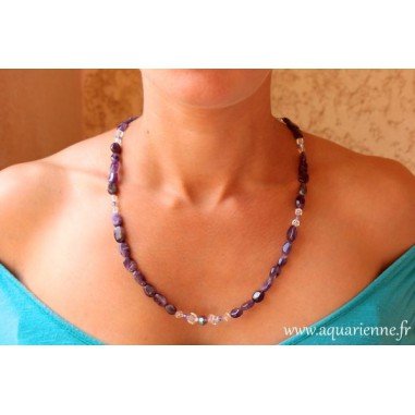 Collier " Harmonie" en Améthyste, Cristal de Roche et Swarovski