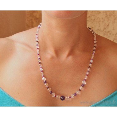 Collier " Nirvana" en Améthyste, Cristal de Roche et Swarovski