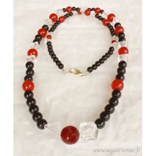 Collier "Enthousiasme" en Onyx noir, Cornaline et Cristal de Roche