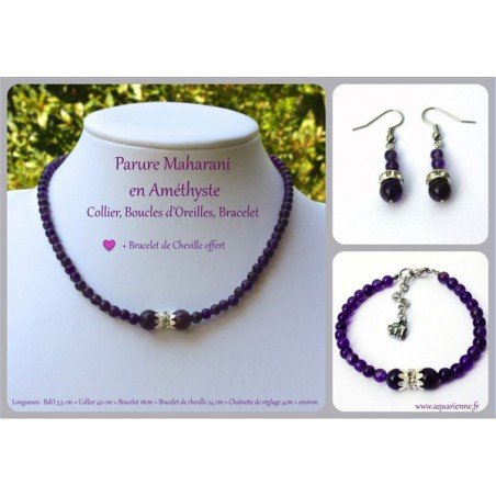 Parure Bijoux Maharani : Collier + Boucles d'Oreilles + Bracelet en Améthyste