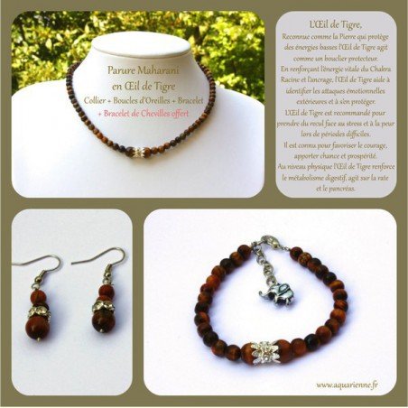 Parure Bijoux Maharani : Collier + Boucles d'Oreilles + Bracelet en Œil de Tigre