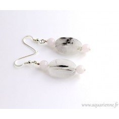 Boucles d'Oreilles Argent 925 Quartz rose et Quartz à inclusions de Tourmaline "Perles de Joie" 