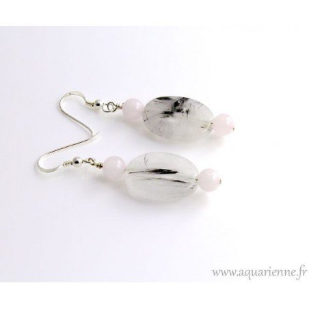 Boucles d'Oreilles Argent 925 Quartz rose et Quartz à inclusions de Tourmaline "Perles de Joie" 