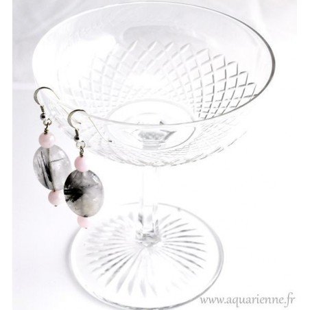 Boucles d'Oreilles Argent 925 Quartz rose et Quartz à inclusions de Tourmaline "Perles de Joie" 