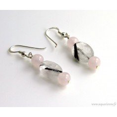 Boucles d'Oreilles "Compassion" en Argent 925, Quartz rose et Quartz Tourmaline
