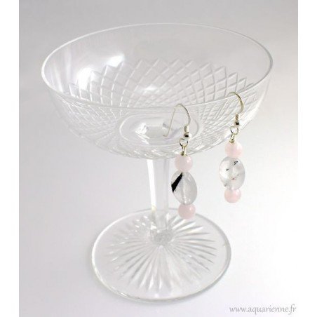 Boucles d'Oreilles "Compassion" en Argent 925, Quartz rose et Quartz Tourmaline