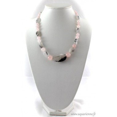 Collier "Anandita" en Quartz rose et Quartz Tourmaline