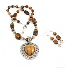 Collier avec pendentif et boucles d'oreilles en Œil de Tigre. Parure bijoux "Splendeur". Artisanat Inde.