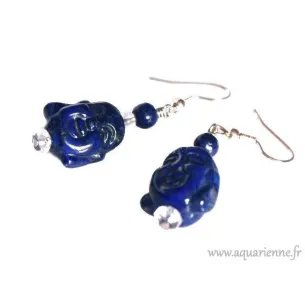 Boucles d'Oreilles Tête de Bouddha Rieur en Lapis Lazuli "Blubuddha"