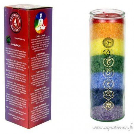 Bougie 7 chakras aux huiles essentielles naturelles de cèdre et de chèvrefeuille. Cette grande bougie brûle proprement.