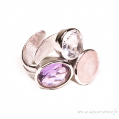 Bague "Triangle d'Or" Améthyste, Quartz rose, Cristal de Roche