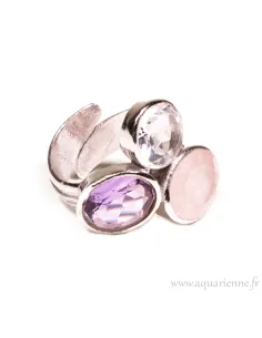 Bague "Triangle d'Or" Améthyste, Quartz rose, Cristal de Roche