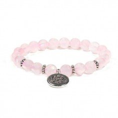Bracelet Mala, perles rondes de quartz rose et breloque charm fleur de lotus