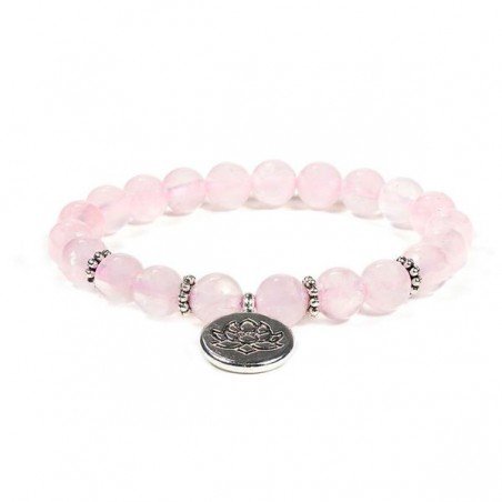 Bracelet Mala, perles rondes de quartz rose et breloque charm fleur de lotus