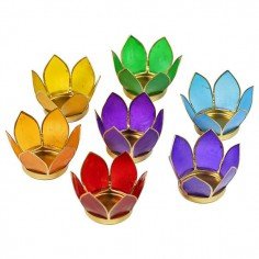 Lot de 7 photophores lotus aux couleurs des 7chakras. Pétales en coquille de Capiz.