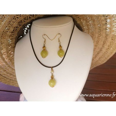Parure Positiva Boucles Oreilles et Pendentif plaqué or, Serpentine, Œil de Tigre. Bijoux création, pièce unique.