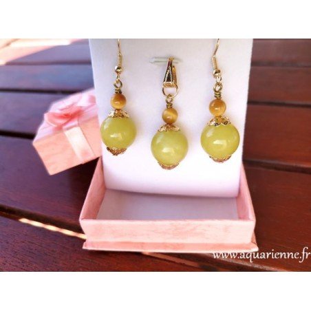 Parure bijoux pierres naturelles"Positiva". Pendentif et boucles d'oreilles serpentine, œil de tigre et plaqué or. Pièce unique.