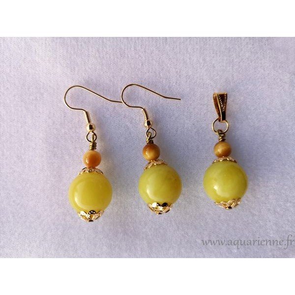 Parure "Positiva" Boucles Oreilles et Pendentif Or plaqué, Serpentine, Œil de Tigre. Bijoux création, pièce unique.