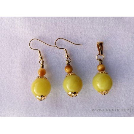 Parure "Positiva" Boucles Oreilles et Pendentif Or plaqué, Serpentine, Œil de Tigre. Bijoux création, pièce unique.