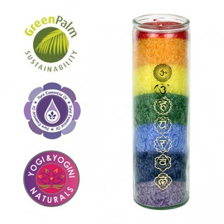 Grande bougie des 7 chakras aux huiles essentielles. Bougie issue du commerce artisanal et équitable.