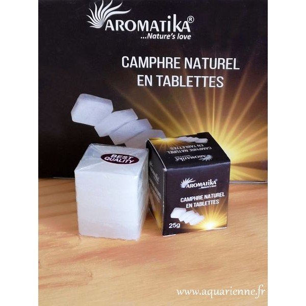 Camphre naturel Aromatika 25g · Boîte de 4 tablettes avec support pour le brûler. Purification astrale des lieux. Anti-mites.