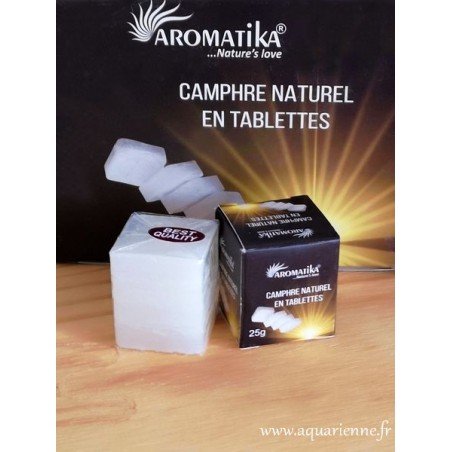 Camphre naturel Aromatika 25g · Boîte de 4 tablettes avec support pour le brûler. Purification astrale des lieux. Anti-mites.