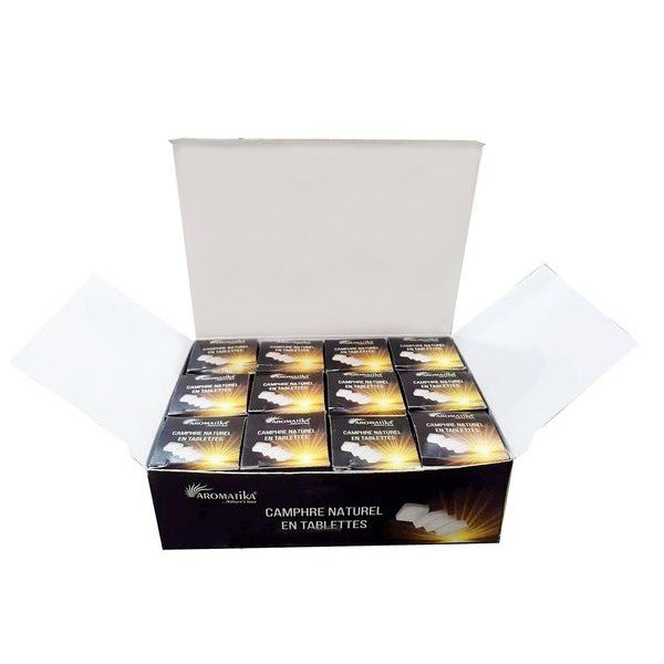 300 g Camphre naturel Aromatika. Boîte contenant 12 boîtes de 4 tablettes avec une coupelle en métal dans chacune.