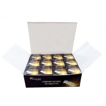 300 g Camphre naturel Aromatika. Boîte contenant 12 boîtes de 4 tablettes avec une coupelle en métal dans chacune.