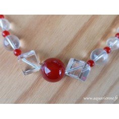 Collier "Vivance" Cornaline et Cristal de roche - 62 cm - fermoir plaqué Argent. Bijou création, fait main.