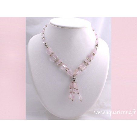 Collier quartz rose 42 cm et sa chaîne d'ajustement avec pampille éléphant. Collection "Éclatant", bijou créé en Inde.