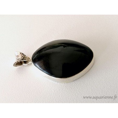 Cabochon d'Obsidienne Œil Céleste en forme de losange arrondi et bombé sur pendentif argent 925.