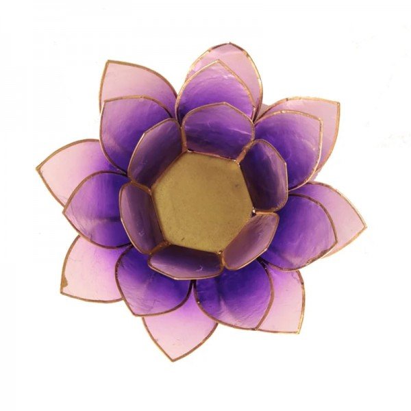 Photophore décoratif en coquille de Capiz, les pétales de la fleur de lotus sont violets avec finition or.