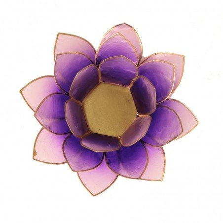 Photophore décoratif en coquille de Capiz, les pétales de la fleur de lotus sont violets avec finition or.
