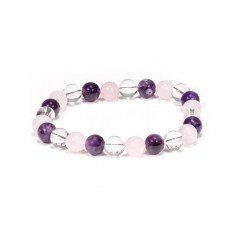 Bracelet associant 3 pierres gemmes : Améthyste, Quartz rose et Cristal de roche. Détend, purifie, revitalise votre énergie.