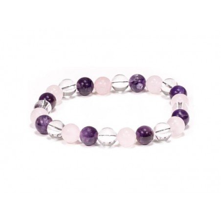 Bracelet associant 3 pierres gemmes : Améthyste, Quartz rose et Cristal de roche. Détend, purifie, revitalise votre énergie.