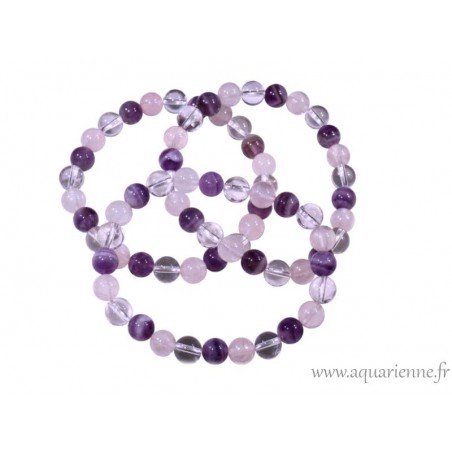 Bracelet perles Triangle d'Or : Améthyste, Quartz rose, Cristal de roche. Montage élastique. Idée cadeau à offrir ou à s'offrir.