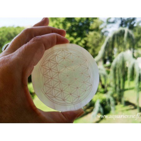 Fleur de vie gravée dans un cristal de Sélénite. Géométrie sacrée et lithothérapie pour les êtres et les lieux.