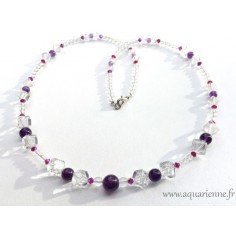 Collier Améthyste, Cristal de Roche et Swarovski Intuitive. 62 cm- Bijou pièce unique Création Aquarienne.