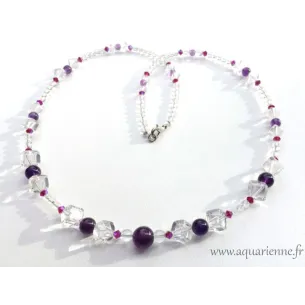 Collier Améthyste, Cristal de Roche et Swarovski Intuitive. 62 cm- Bijou pièce unique Création Aquarienne.