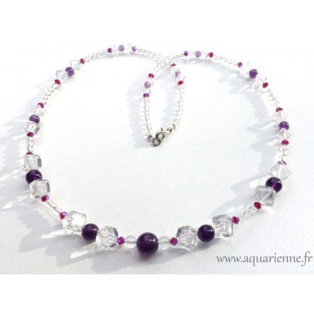 Collier Améthyste, Cristal de Roche et Swarovski Intuitive. 62 cm- Bijou pièce unique Création Aquarienne.