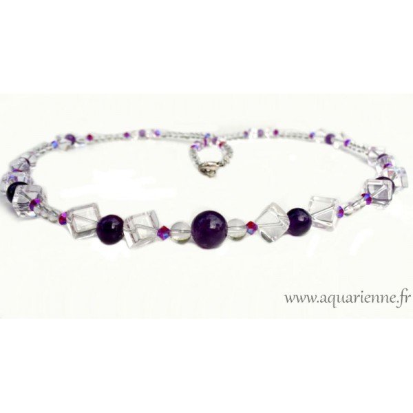 Collier Améthyste, Cristal de roche et Swarovsky. Bijou création Aquarienne, pièce unique à s'offrir ou à offrir.