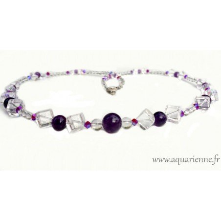 Collier Améthyste, Cristal de roche et Swarovsky. Bijou création Aquarienne, pièce unique à s'offrir ou à offrir.