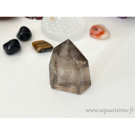 Quartz fumé de Madagascar, pointe avec inclusions fascinantes à observer. Pièce unique.