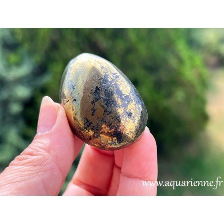 Chalcopyrite dorée du Pérou. Galet de pierre roulée de 45 mm pesant 75g. Pierre d'abondance à s'offrir.