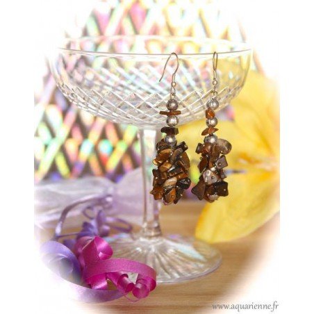 Boucles d'Oreilles Grappe en Chips Œil de Tigre