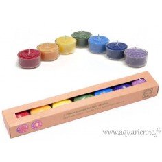 Lot de 7 bougies chauffe-plat parfumées - 1 couleur et 1 senteur pour chaque chakra. Certifiées commerce équitable (WFTO).